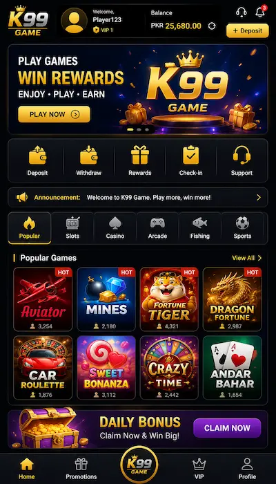 K99 Game dashboard showing gaming features and rewards